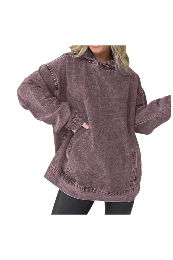 Women's Cute Hoodies Oversize Vintage Distress Solid Casual Long Sleeve Denim Athletic Hooded Pullover Sweatshirt