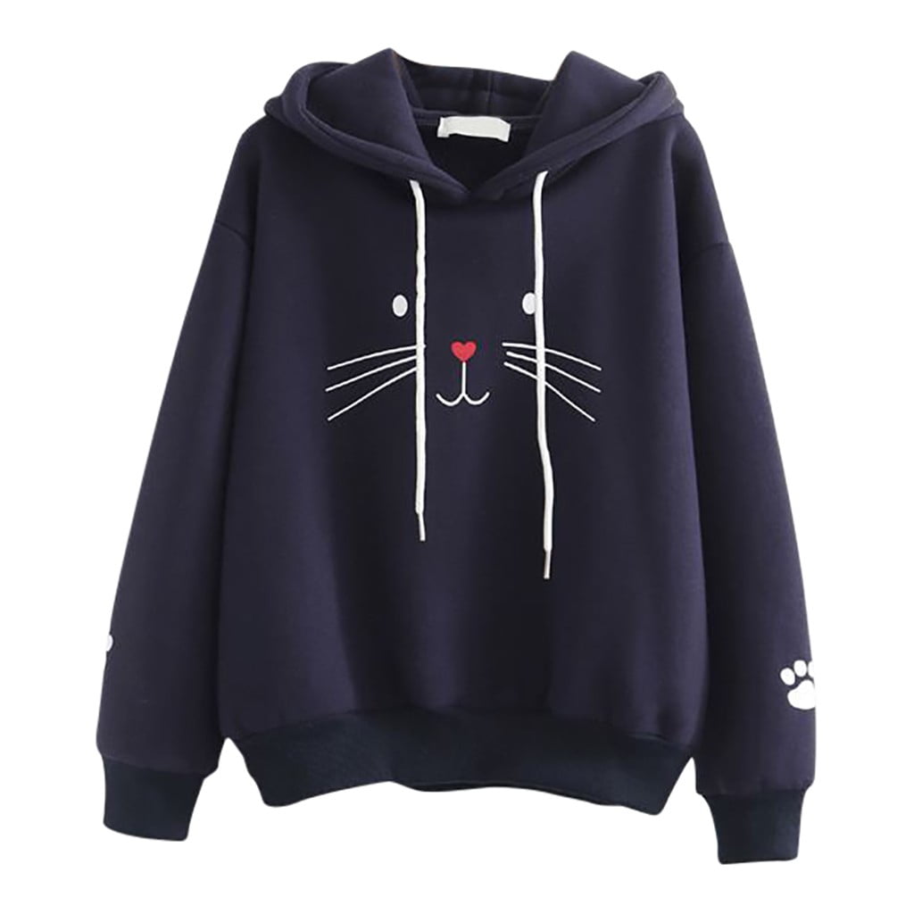 Women's Cute Hoodies Teens Girls Pullover Cat Print Sweatshirt Long