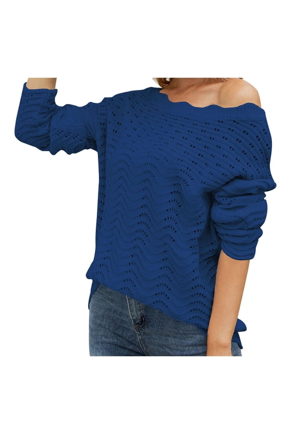 Women's Cute Knitted Sweaters Long Sleeve Scalloped Round Neck Mesh Hollow Out Tops Casual Loose Fall Solid Pullover Jumpers