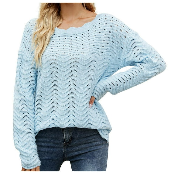 Women's Cute Knitted Sweaters Long Sleeve Scalloped Round Neck Mesh Hollow Out Tops Casual Loose Fall Solid Pullover Jumpers