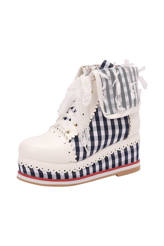 Women's Cute Lace Ankle Platform Boots Color Blocking Wedge Wide Toe BoxLace Up Short Dress Booties