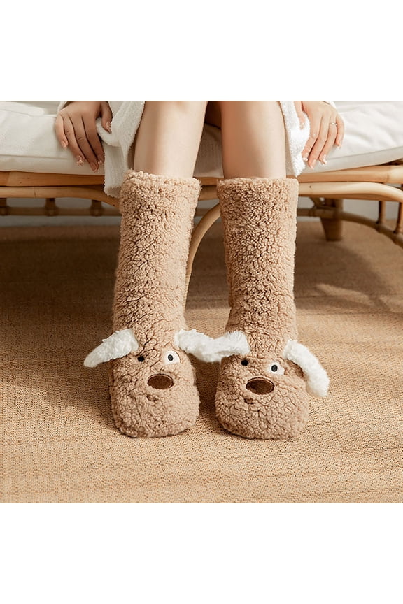 Women's Cute Lamb Wool Sleeping Socks, Warm and Soft Floor Socks for Indoor Use, Cozy Socks for Cold Nights at Home, Breathable and Comfortable Casual Socks with Adorable Designs, Coffee, 1pair