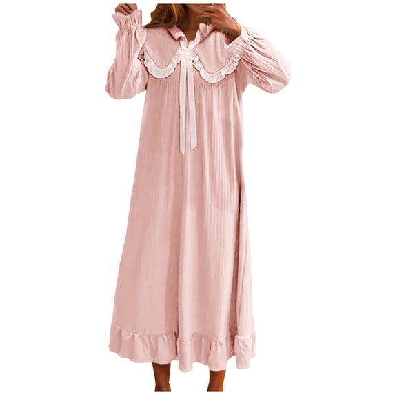 Women's Cute Long Sleeve Nightgown Soft Fall Winter Lounge Long Sleep Dress Cozy Lace Square Neck Ruffle Sleepwear