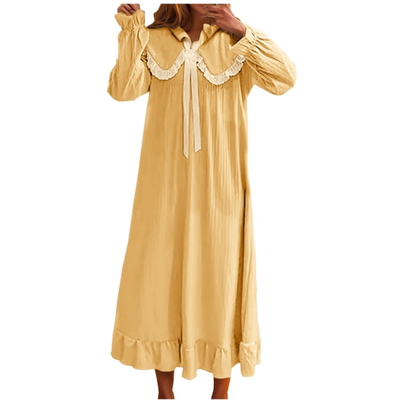 Women's Cute Long Sleeve Nightgown Soft Fall Winter Lounge Long Sleep Dress Cozy Lace Square Neck Ruffle Sleepwear