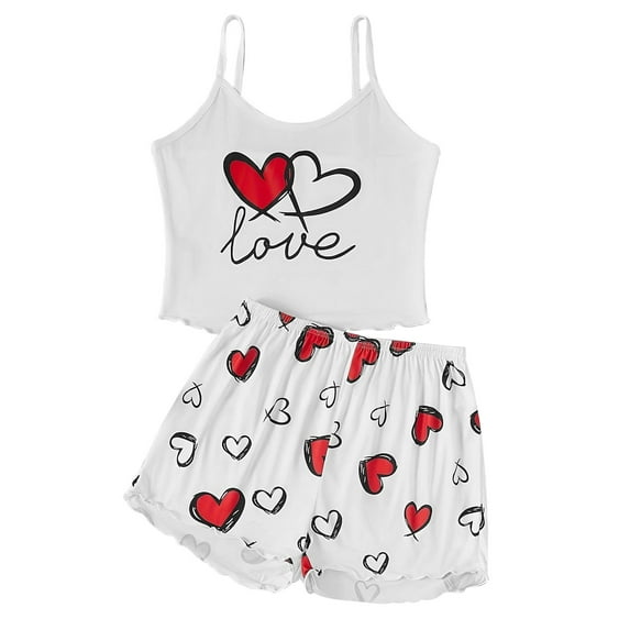Women’s Cute Pajama Set Cami Tank Top Shorts Heart Print Sleepwear Loungewear 2 Piece Pjs Soft Summer Set