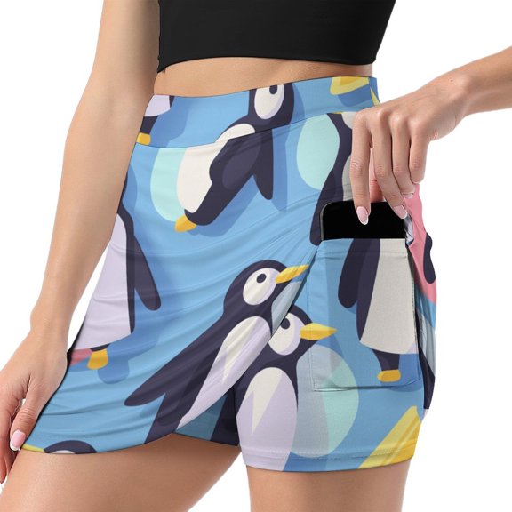 Women's Cute Penguin Print High Waist A-Line Mini Skirts Colorful Pleated Short Skirt Trendy E-Girls Streetwear