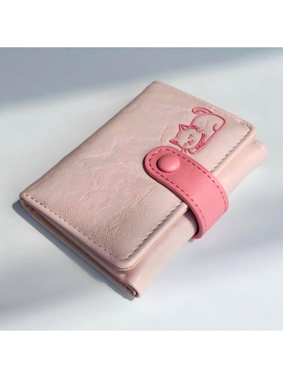 Women's Cute Pink Cartoon Cat Print Casual Wallet - Soft PU Artificial Leather, Pocket-Sized, Snap Button, Credit Cards Holder, Everyday Bags for Everyday Use, Ideal for Girls as Mother's Day Gift