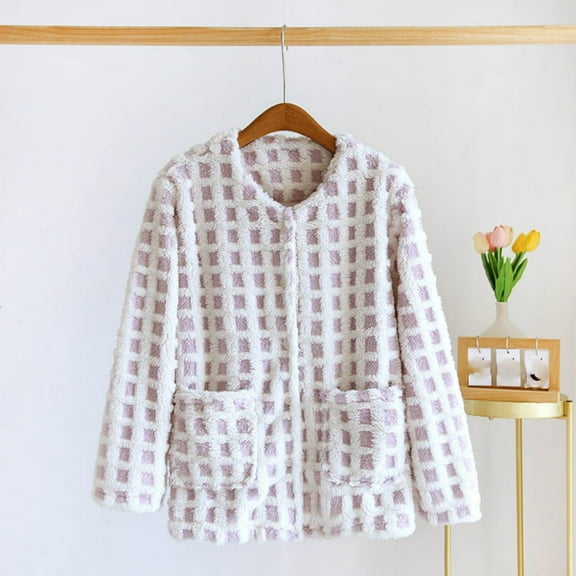 Women's Cute Plaid Flannel Jacket Fuzzy Fleece Pajama Tops Button up Warm Winter Sleepwear with Pockets New Fall Pajamas Tops Women Plus Size Purple XL