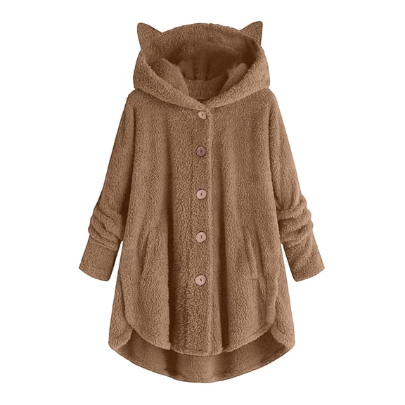 Women's Cute Plus Size Fleece Jacket Button-up Cardigan Pullover Sweater Solid Color Fashionable Warm Cat Ear Hoodies