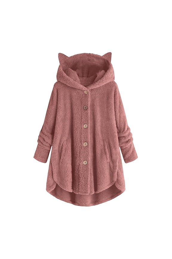 Women's Cute Plus Size Fleece Jacket Button-up Cardigan Pullover Sweater Solid Color Fashionable Warm Cat Ear Hoodies