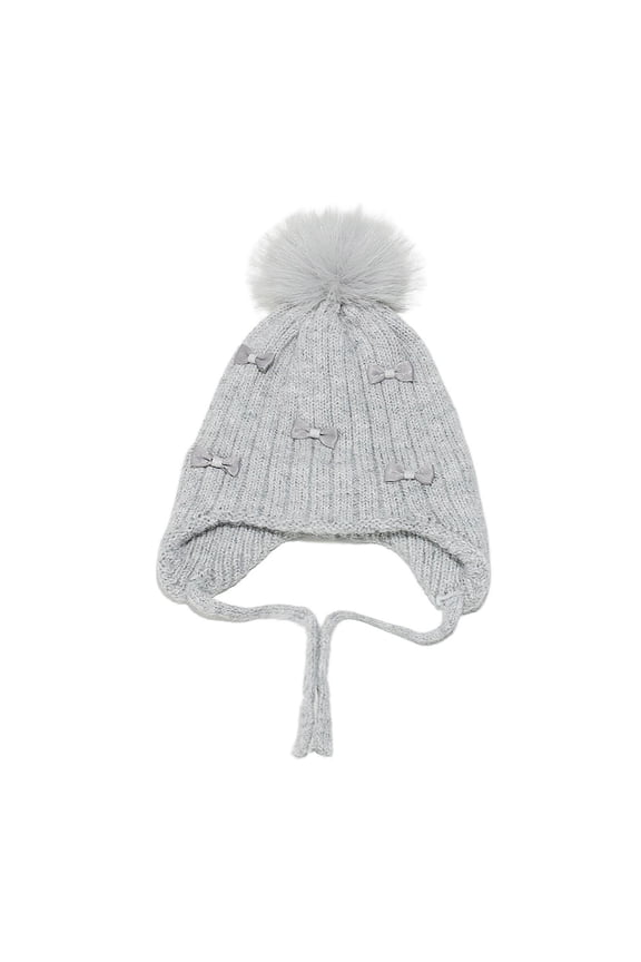 Women’s Cute Pom Pom Knit Beanie Slouchy Winter Hat with Bow Detail and Ear Flaps Soft Warm One Size Fits Most School Outdoor Headwear