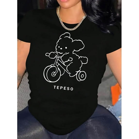 Women's Cute Poodle Graphic Tee - Casual & Comfy Round Neck Short Sleeve T-Shirt, White with Black Print, Lightweight Cotton Fabric, Perfect for Casual Attire or Summer Vacations, Casual Sporty Tee