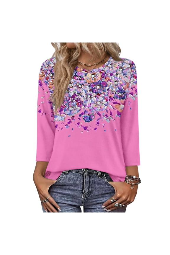 Women's Cute Print Graphic Tees 3/4 Sleeve Shirts, Round Neck Floral Blouse, Casual Plus Size Basic Tops Pullover for Women,Hot Pink,S