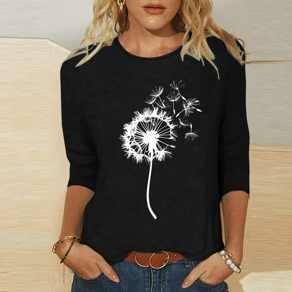 Women's Cute Print T-Shirt 3/4 Sleeve Round Neck Blouse Lightweight Soft Polyester Casual Loose Top for Daily Home Wear