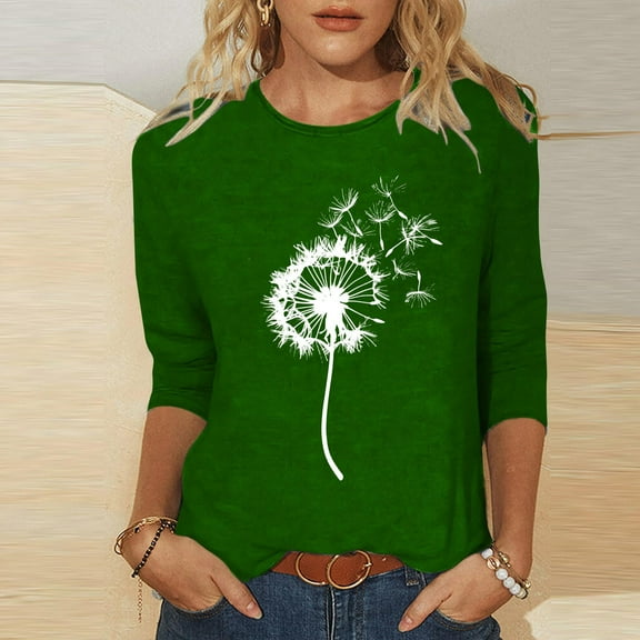 Women's Cute Print T-Shirt 3/4 Sleeve Round Neck Blouse Lightweight Soft Polyester Casual Loose Top for Daily Home Wear