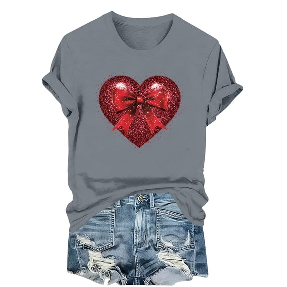 Women's Cute Printed Tee Bow Design Casual Short Sleeve Round Neck Top Valentine's Day Theme Romantic Graphic Spring Summer Date Night Chic Outfits