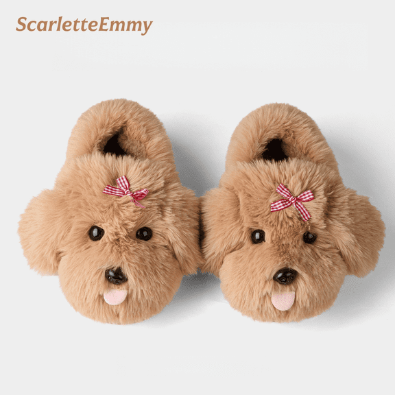 Women’s Cute Puppy Plush Slippers, Fuzzy Dog Cartoon House Shoes, Soft Plush Lining Warm Cozy Indoor Outdoor Slippers, Non Slip EVA Sole, Winter Comfort Home Slippers Gift
