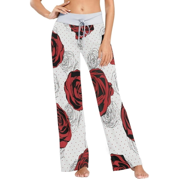 Women's Cute Red Rose Dots Pajama Pants, Casual Pajama Bottoms Lounge Pants Wide Leg