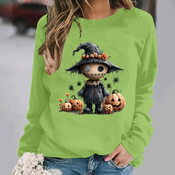 Women's Cute Scarecrow Graphic Sweatshirts Halloween Spider Pullover Tops Casual Long Sleeve Crewneck Shirts Loose Fit Fall Clothes Autumn Holiday Sweaters