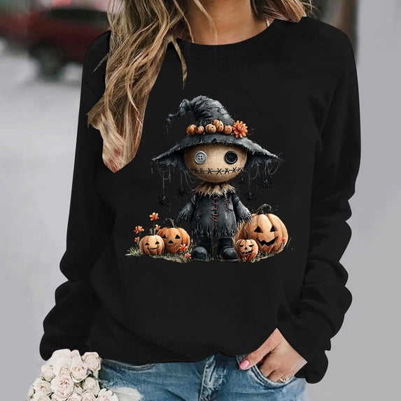 Women's Cute Scarecrow Graphic Sweatshirts Halloween Spider Pullover Tops Casual Long Sleeve Crewneck Shirts Loose Fit Fall Clothes Autumn Holiday Sweaters