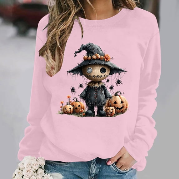Women's Cute Scarecrow Graphic Sweatshirts Halloween Spider Pullover Tops Casual Long Sleeve Crewneck Shirts Loose Fit Fall Clothes Autumn Holiday Sweaters