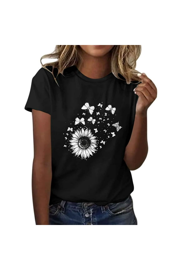 Women's Cute Shirts, Daisy and Butterfly Print T-Shirt Crewneck Short Sleeve Summer Tops Blouse Tees