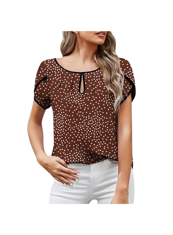 Women's Cute Shirts Dressy Casual Petal Sleeve Keyhole Tee Tops Polka Dots Printed Crew Neck Pullover T Shirts Blouse