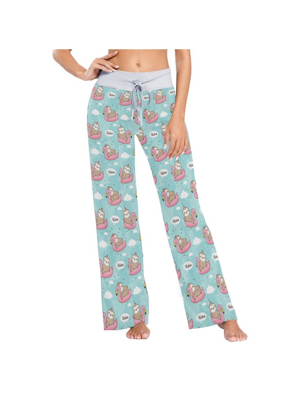 Women's Cute Sloth on Flamingo Comfy Stretch Wide Leg Pajama Pants, Drawstring Waist Casual Lounge Pants