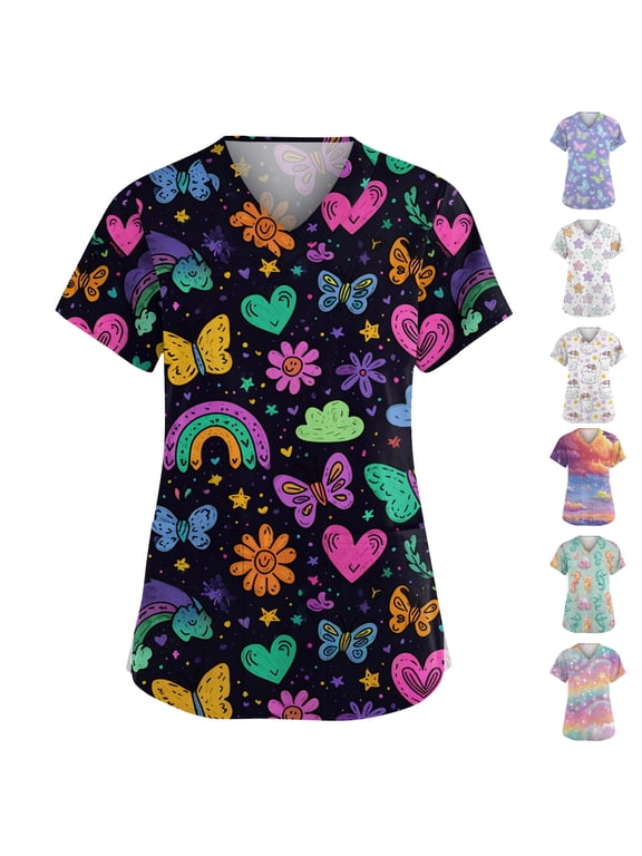 Women's Cute Smiley Star Cartoon Print V‑Neck Scrub Top, Short Sleeve Multi‑Pocket Work Tunic for Nursing Healthcare L