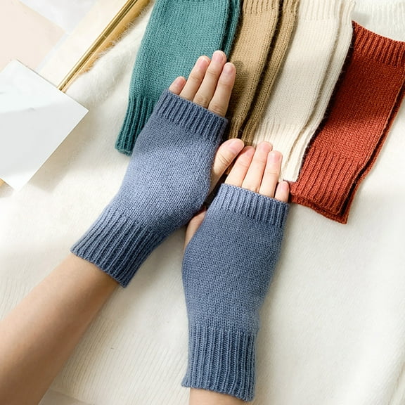 Women's Cute Solid Color Half Palm Knit Gloves, Autumn Winter Wool Blend Fingerless Gloves, Touchscreen Compatible Texting Gloves, Stretchy Wrist Warmers for Cool Weather F