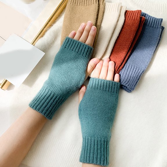 Women's Cute Solid Color Half Palm Knit Gloves, Autumn Winter Wool Blend Fingerless Gloves, Touchscreen Compatible Texting Gloves, Stretchy Wrist Warmers for Cool Weather C