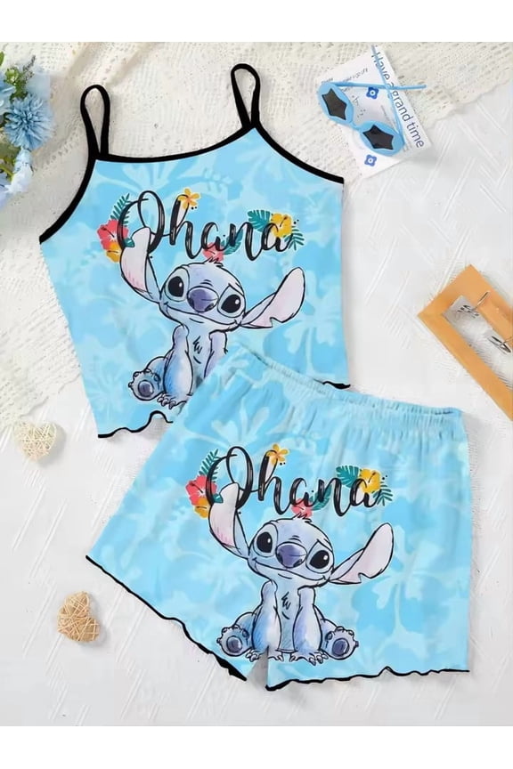 Women's Cute Stitch Print Cami Pajama Set,Sleeveless Spaghetti Strap Tank Top Ruffle Hem Shorts 2 Piece Summer Loungewear Sleepwear Set
