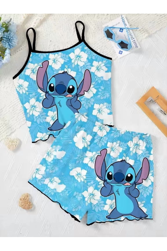 Women's Cute Stitch Print Cami Pajama Set,Sleeveless Spaghetti Strap Tank Top Ruffle Hem Shorts 2 Piece Summer Loungewear Sleepwear Set