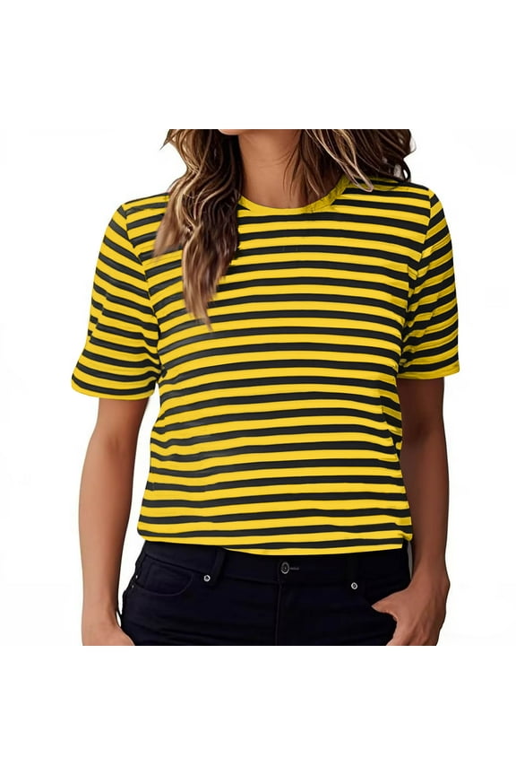 Women's Cute Striped T Shirts Crew Neck Short Sleeve Tops Classic Regular-Fitted Preppy Going Out Clothings