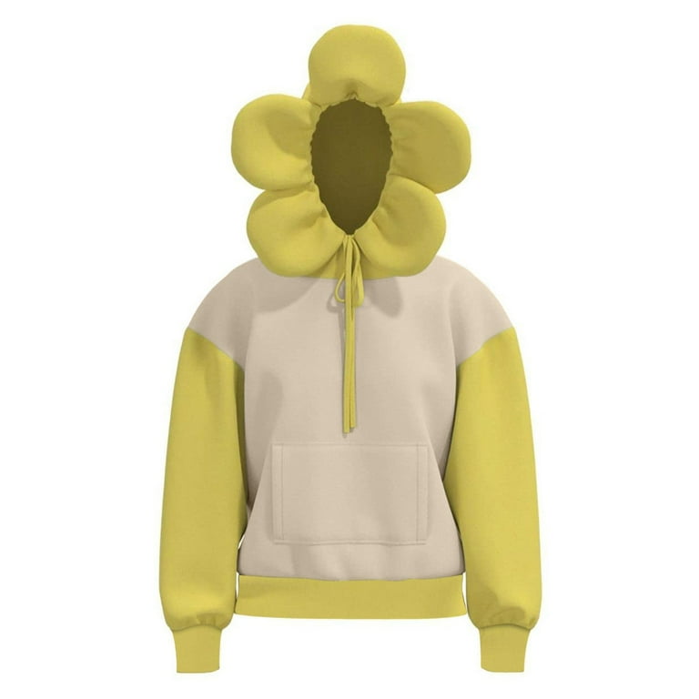 Women s Cute Sunflower Sweatshirt Hoodie Long Sleeve Color Block Sunflower Shape Drawstring Hooded Sweatshirts Pullover for Teen Girls