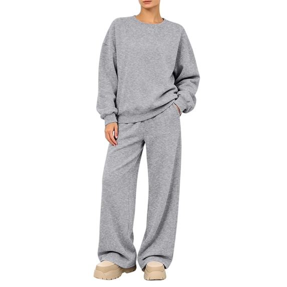 Women's Cute Sweat Sets Round Neck Sweatshirt and Pants Set, 2 Piece Sweat Suit with Pockets, Lounge Set for Fall Winter Light Gray Xl