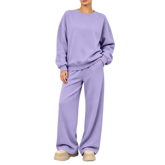 Women's Cute Sweat Sets Round Neck Sweatshirt and Pants Set, 2 Piece Sweat Suit with Pockets, Lounge Set for Fall Winter Light Purple S