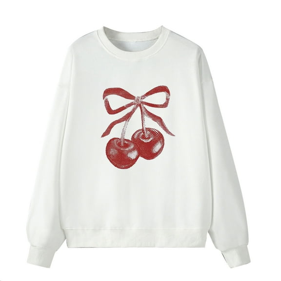 Women's Cute Sweatshirts Fruit Cherry Print Long Sleeve Pullover Tops for Teen Girls Spring Fall Casual Blouses (M, White)
