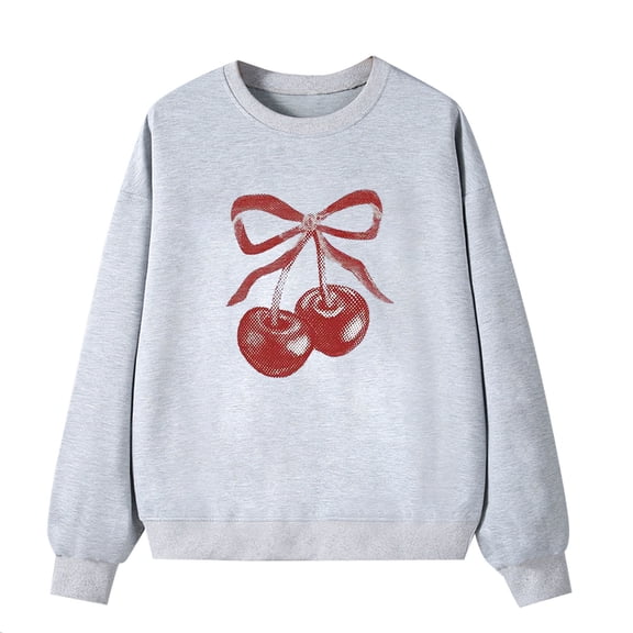 Women's Cute Sweatshirts Fruit Cherry Print Long Sleeve Pullover Tops for Teen Girls Spring Fall Casual Blouses (XL, Gray)