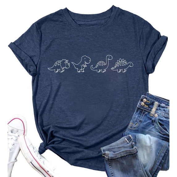 Women's Cute T-Shirt Cartoon Dinosaur Print Crewneck Short Sleeve Casual Summer Tee