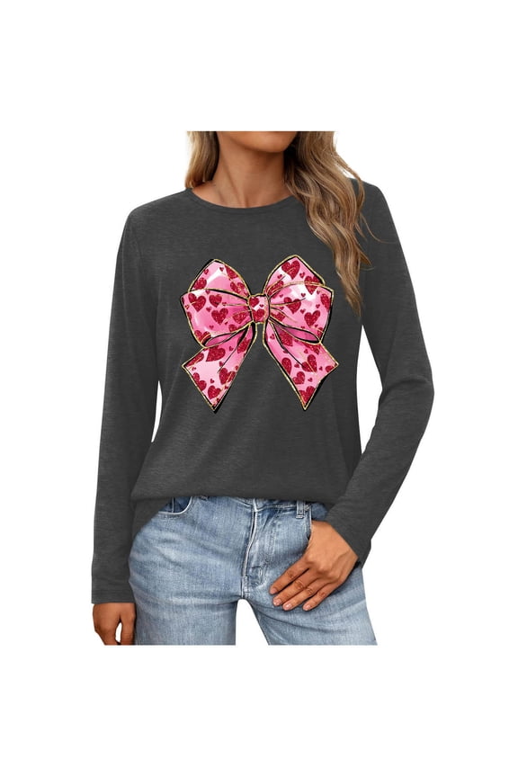 Women's Cute T Shirt Heart Bow Knot Long Sleeve Tops for Valentines Day Trendy Basic Tees Tunic Top