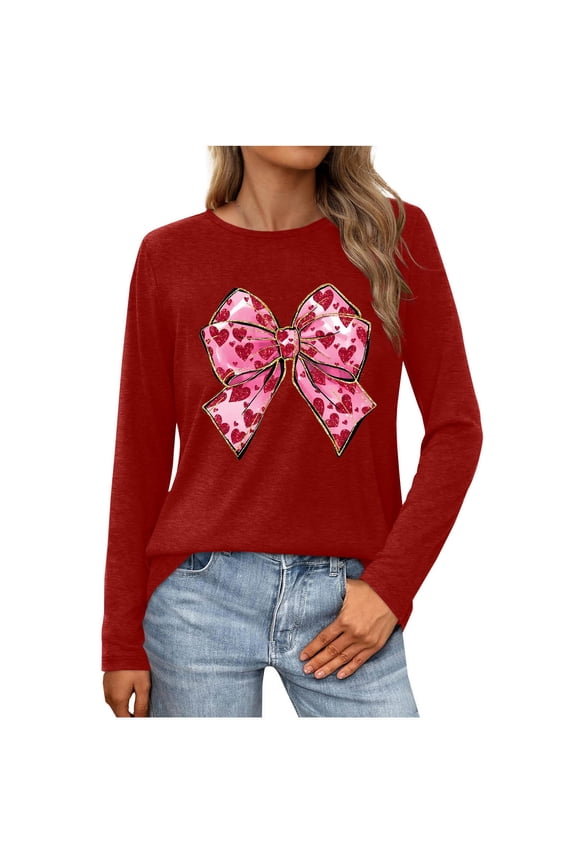 Women's Cute T Shirt Heart Bow Knot Long Sleeve Tops for Valentines Day Trendy Basic Tees Tunic Top