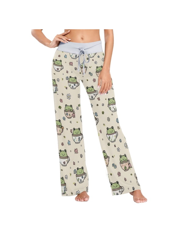 Women's Cute Teacup Frog Comfy Stretch Wide Leg Pajama Pants, Drawstring Waist Casual Lounge Pants