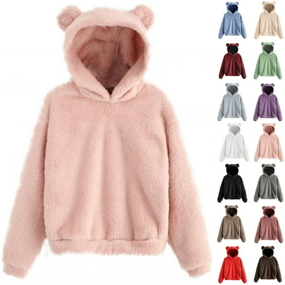 Women's Cute Teddy Bear Ears Fleece Hoodie Sweatshirt Long Sleeve Warm Plush Pullover Top with Pockets Pink M