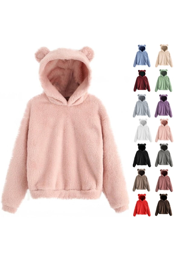 Women's Cute Teddy Bear Ears Fleece Hoodie Sweatshirt Long Sleeve Warm Plush Pullover Top with Pockets Pink S