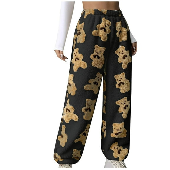 Women's Cute Teddy Bear Plush Pajama Pants Soft Fleece-Lined Warm Comfortable Plush Pants for Casual and Home Use,Black,L