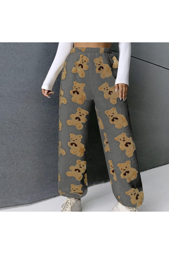 Women's Cute Teddy Bear Plush Pajama Pants, Soft Fleece-lined Warm Comfortable Plush Pants, Casual Lounge Wear,Gray,M