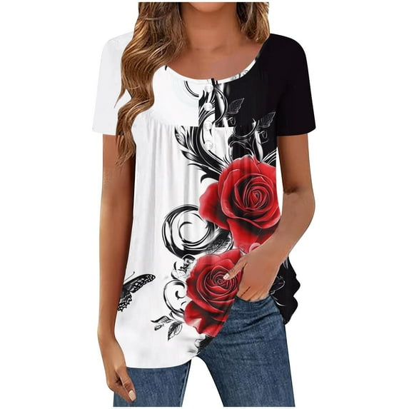 Women's Cute Tshirts Wildflower Graphic Loose Tees Summer Short Sleeve Casual Tops Dressy Pleated Button Round Neck Tunic Top Boho Floral Trendy Going Out Basic Tee Blouses