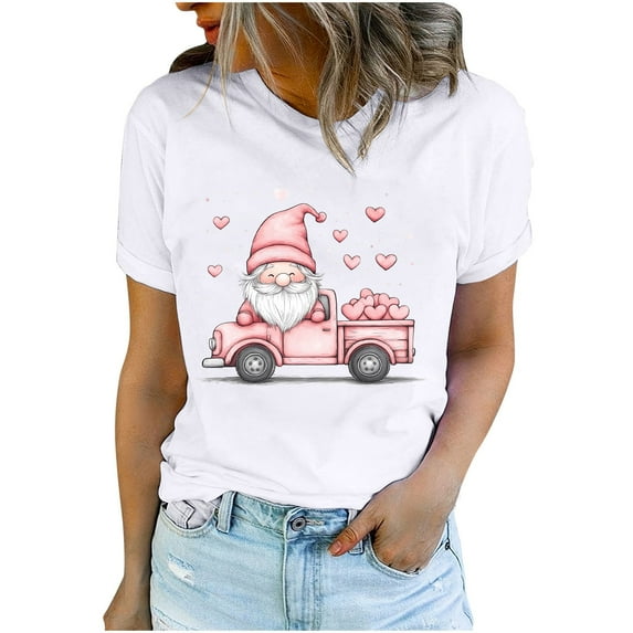 Women's Cute Valentines Day Tshirts Heart Gnome Car Graphic T Shirts Shor Sleeve Crewneck Tee Tops