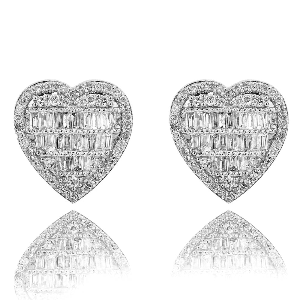 Women’s Cute White Gold 925 Sterling Silver Iced Baguette Heart Stud Screw Back Earrings